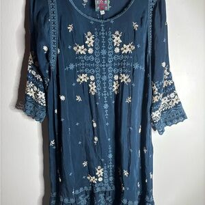 Johnny Was Blue and White Embroidered Mini Dress